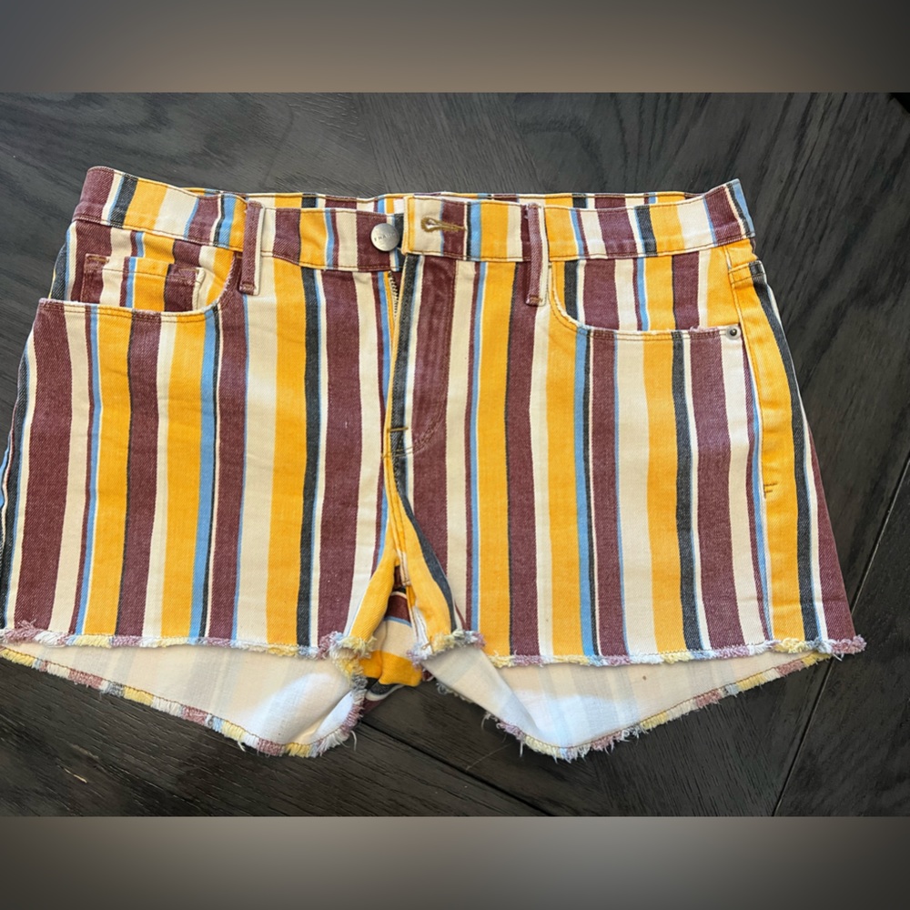 Frame Le cutoff denim painterly stripe shorts